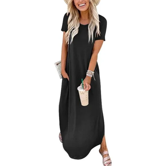 chinese dress ladies YeGine Oversize Tshirt Dress Plus Size Short Sleeve Maxi Dress with Pockets  Dark Blue XL at Amazon Women's Clothing store main image 1